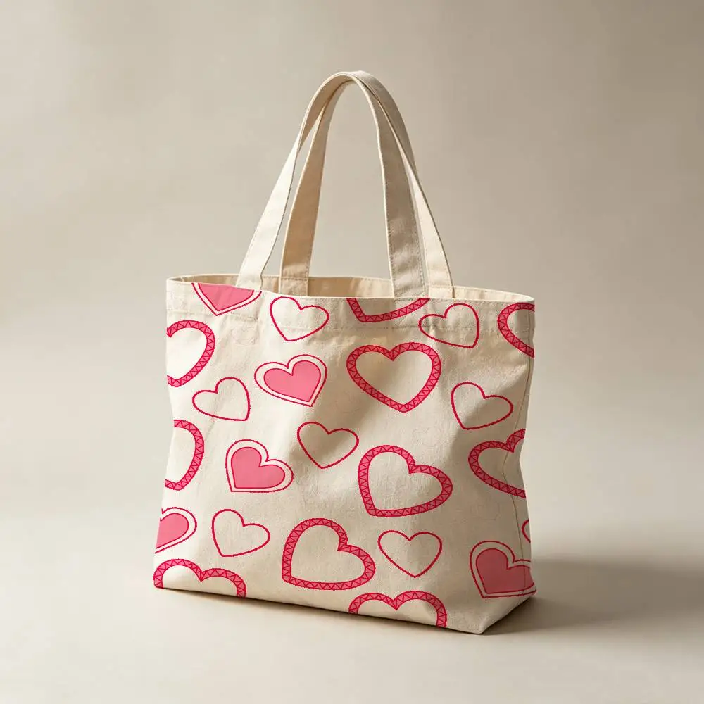 Pink Heart Pattern Waterproof Lining Canvas Tote Bag Large Capacity Reusable Shopping Bags Casual Student Daily Handbag