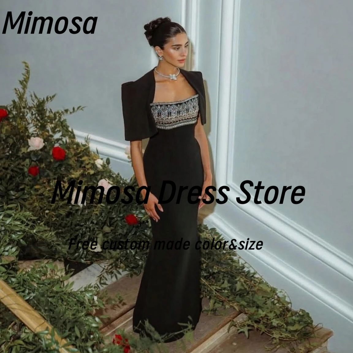 

Mimosa Саудовская женщина носят черные платья для выпускного вечера, вечернее платье без бретелек с бисером и шалями, Vestidos Des Noches по индивидуальному заказу