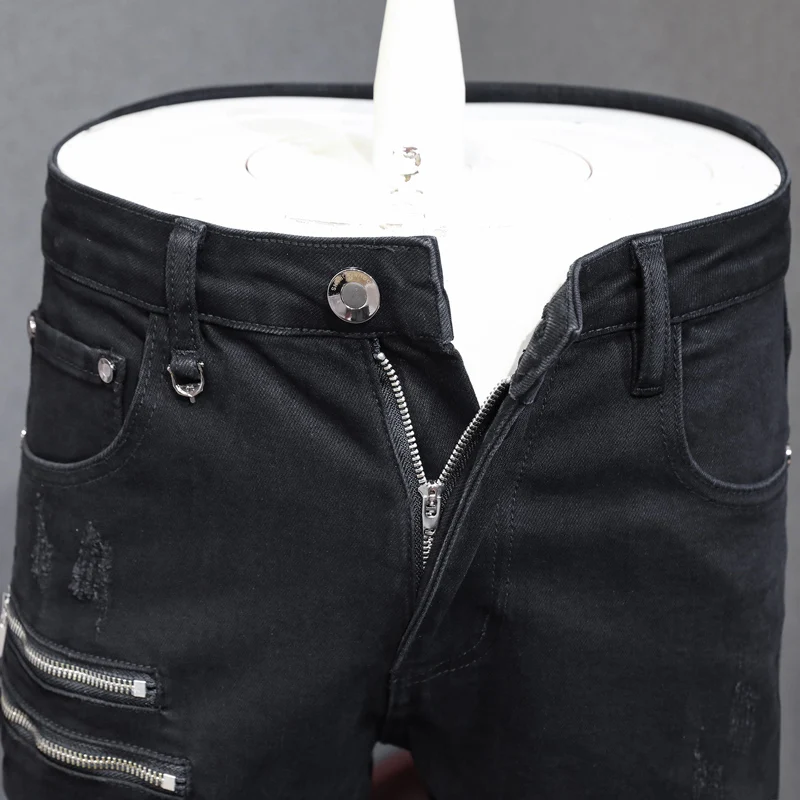 High Street Fashion Men Jeans Black Stretch Slim Fit Patched Ripped Jeans Men Zipper Spliced Designer Hip Hip Y2K Denim Pants