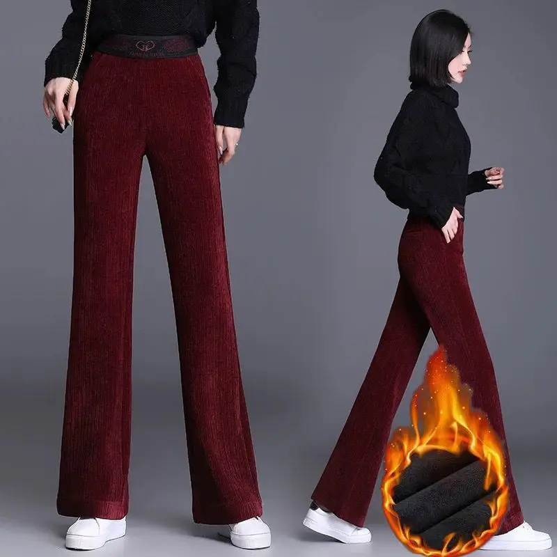 Korean New Women Corduroy Fleece Pants Autumn Winter Fashion Casual High Waist Solid Loose Thicken Vintage Straight Trousers