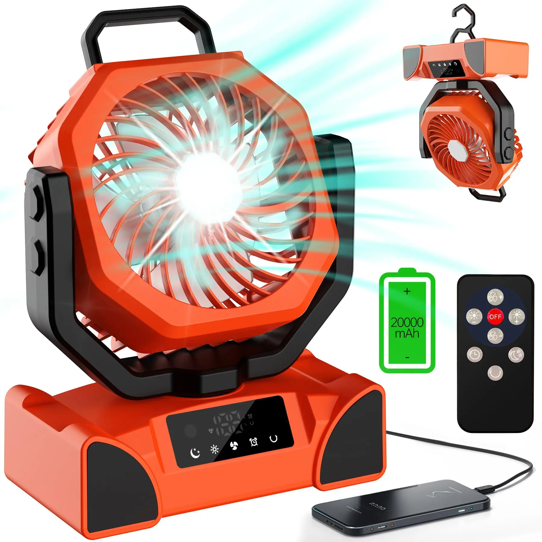 

20000mAh Rechargeable Portable Outdoor Camping Fan Wireless Camping Tent Ceiling Fan with Light and Remote Control