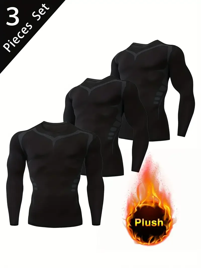 3pcs Men's Padded Sports Long Sleeve Warm Compression Shirt Sports Coldproof Bottom Shirt T-Shirt for Sports Workout