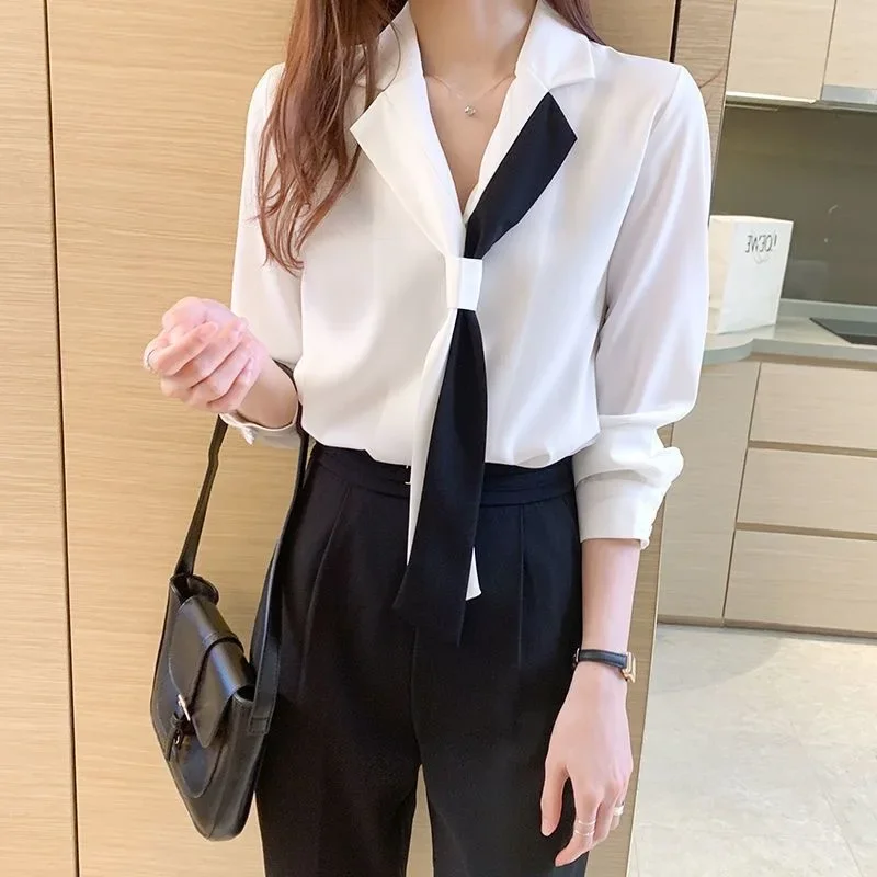 Women Spring Autumn Style Blouses Shirts Lady Casual Long Sleeve Notched Collar Bow Tie decor Blusas Tops WY1037