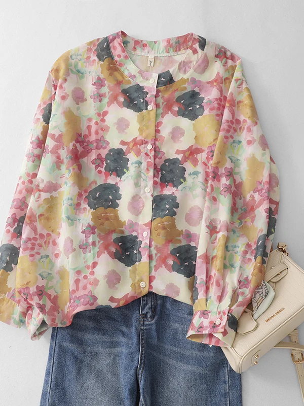 

Retro Floral Long Sleeve Shirt Women Summer Thin Design Loose Anti-UV Casual Small Top Coat Loose Fit Breathable round Neck