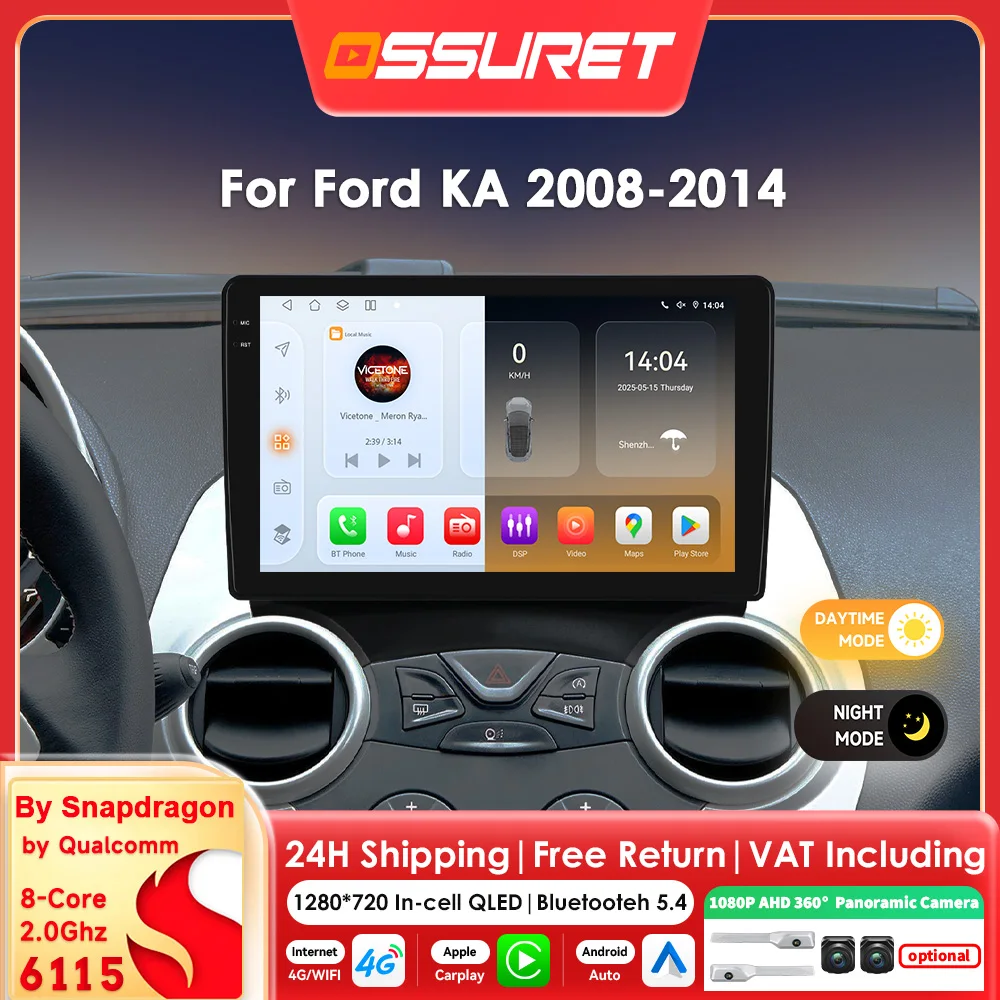 9" AI-Sprachsteuerung Kabelloses Carplay Android Auto Autoradio für Ford KA 2008 - 2014 Multimedia-Videoplayer 2DIN 360-Grad-Kamera Autoradio GPS-Navigation Stereo 6115 Octa-Core-Haupteinheit RDS DSP