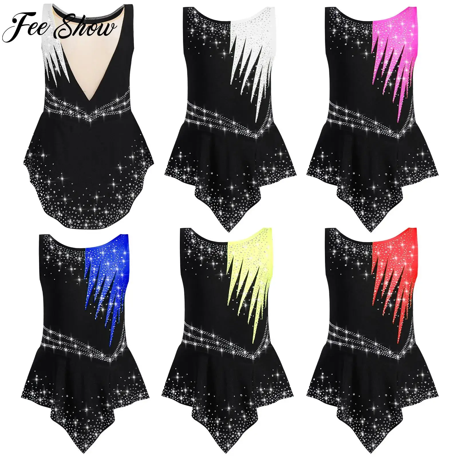 

Teen Girls Ballet Tutu Dress Rhinestones Sleeveless Leotard Bodysuit Rhythmic Gymnastics Figure Skating Acrobatics Dancewear