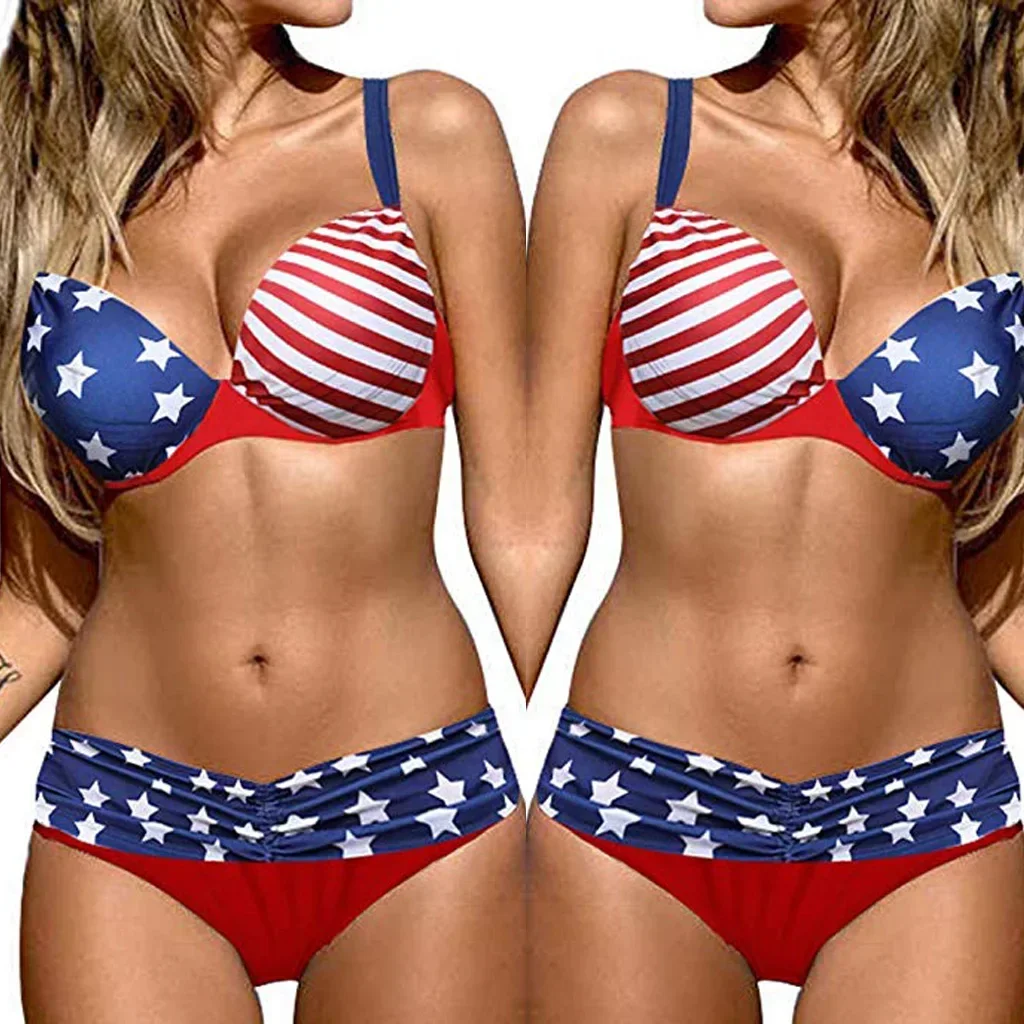 2024 bandeira americana impressão conjunto de biquíni feminino com tiras push-up sutiã underwire maiô sexy praia tanga banho verão