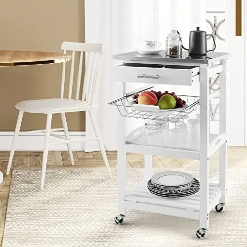 Kitchen Island Cart with Drawer, Rolling Kitchen Cart on Wheels with Stainless Steel Countertop, Metal Basket, Serving