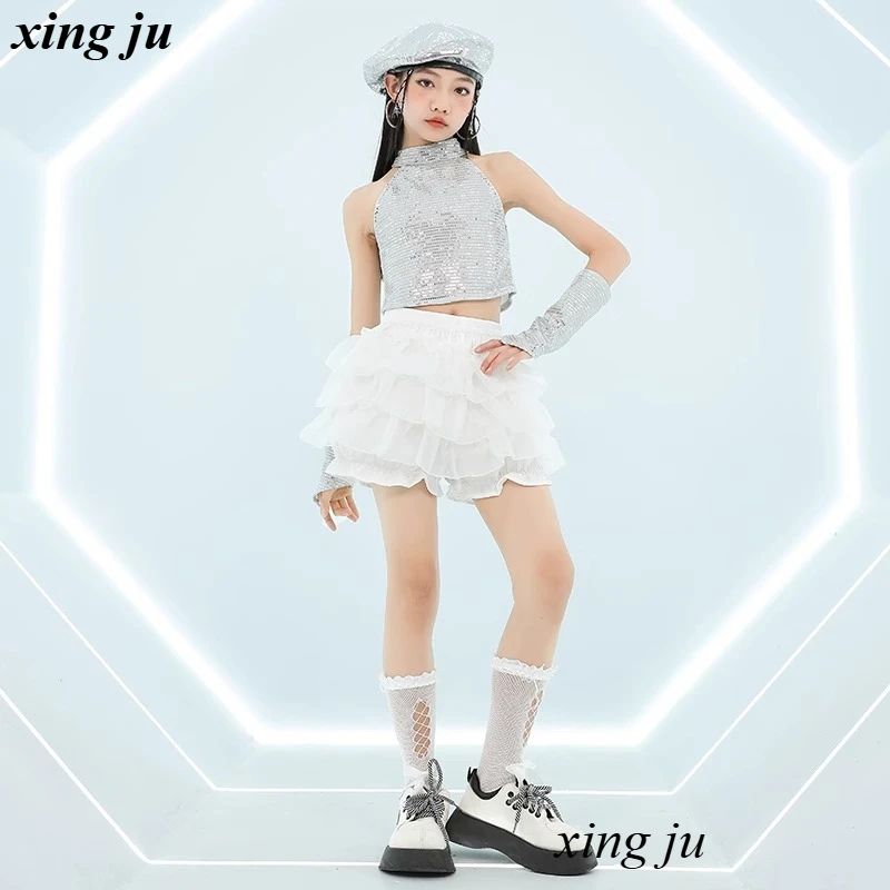 Nieuwe kinderen zilveren pailletten halter vest jazz kostuum meisje street dance witte elastische gezwollen rok kinderen hiphop show outfits
