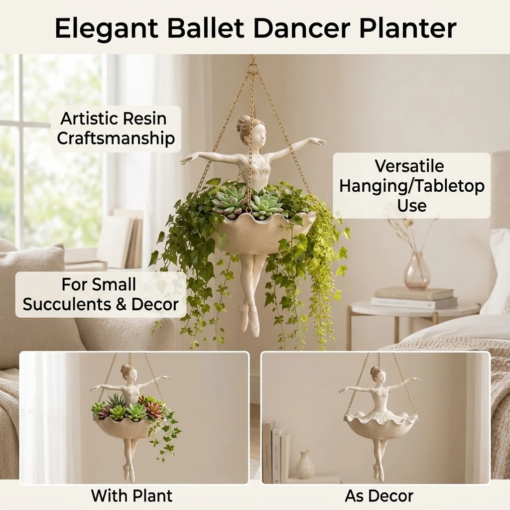 Hanging Flower Holder Decorative Planter Pot for Indoor Home Decor Resin Ballet Dancer Pot Wall Ceiling Ornament