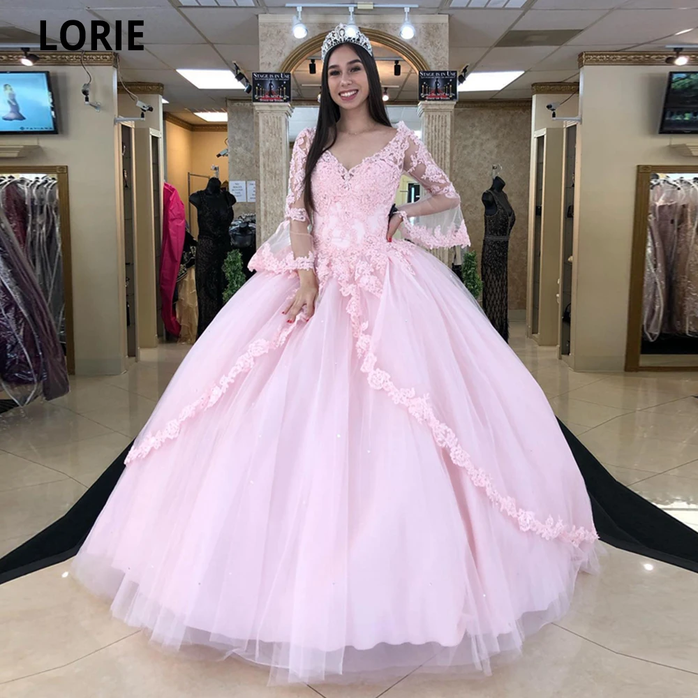 LORIE-vestido de baile Quinceanera rosa, princesa, mangas compridas, apliques de renda, 15 anos