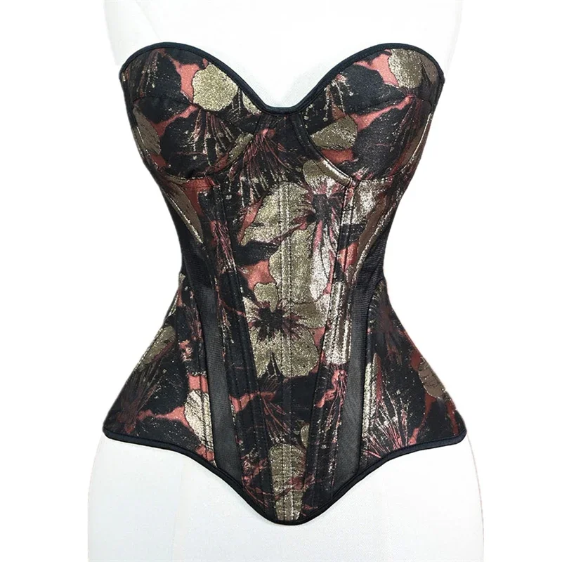 Women Vintage Painted Relief Jacquard Corset & Bustier With Cups Sexy Boned Bodice For Wedding Party Slimming Strapless Tops
