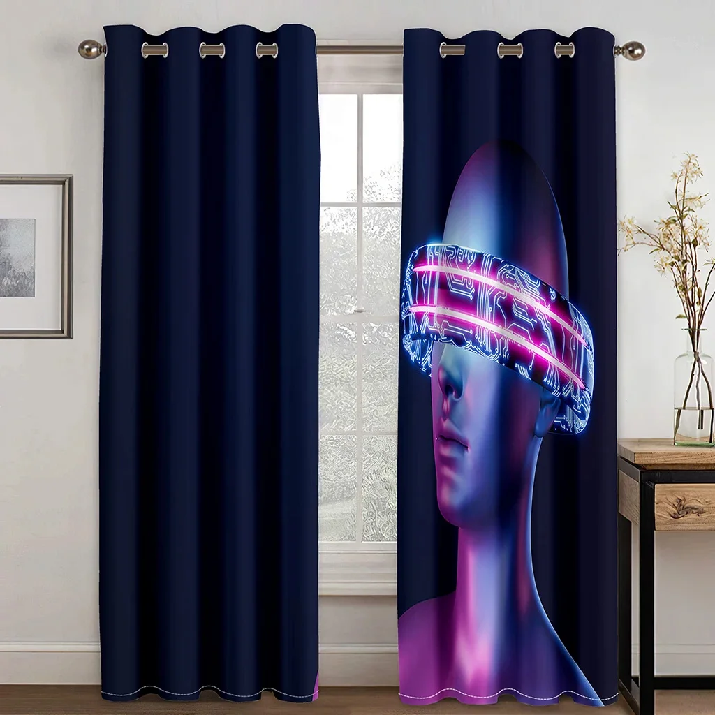 Cyberpunk VR Digital Art Curtains 2 Panels Modern Tech Window Drapes Living Room Bedroom Gaming Room Decor