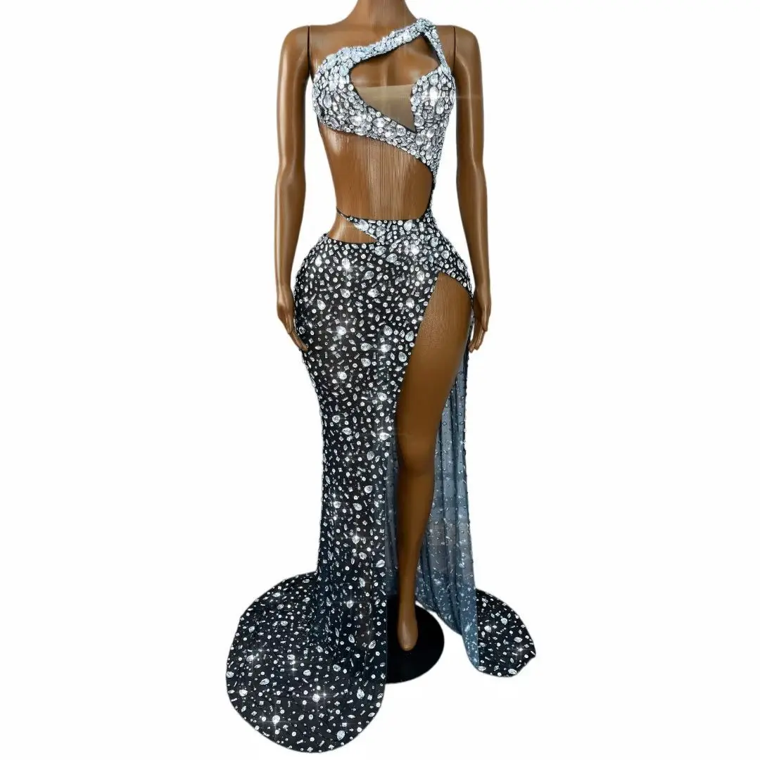 Xiaomanyao Luxury Double Irregular Cutout Waist Silver Rhinestone Black Mesh Mermaid Gown High Slit Wedding Banquet Party Dress