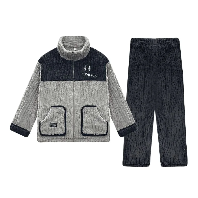 New Stand-up Collar Zipper Casual Suit Men's Pajamas Fall and Winter Coral Fleece Thickened Warm Loungewear Can Be Worn Outside