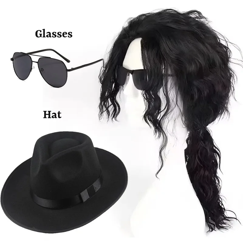 Peluca, Gafas y Sombrero de Michael Jackson, Rey del Pop, para Cosplay, para Hombres y Mujeres, para Fiestas Temáticas, Creatividad, Juego de Roles