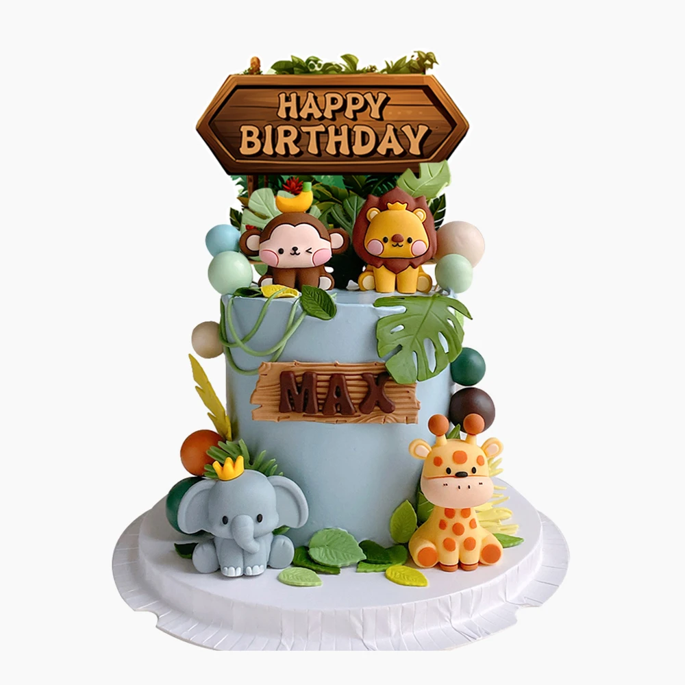 New Forest Animal Cake Topper Tropical Jungle Safari Lion Elephant Giraffe Monkey Cake Decoration First Birthday Party Cute Gift