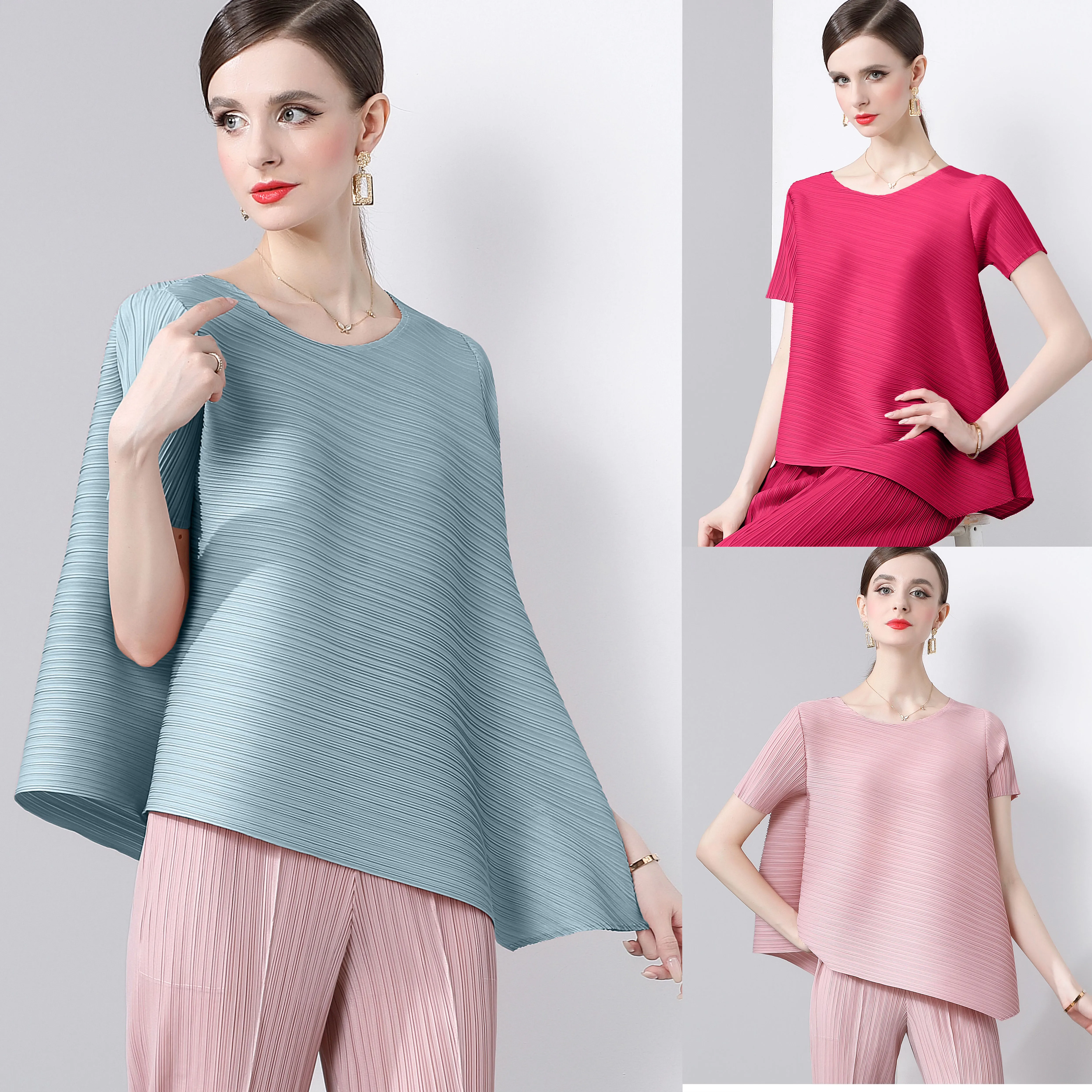 

Ladies Tops Women Summer New Temperament Loose Slim Pleated Irregular Short-sleeved T-shirt Women's Clothing