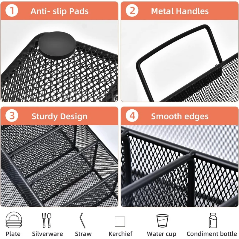 Paper Plate Organizer with Handle, Metal Silverware Caddy Kitchen Counter, Utensil Compartments P