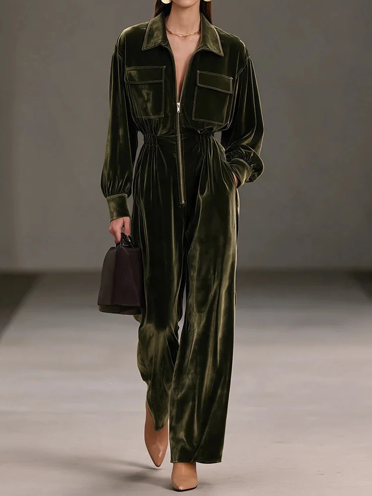 Women Autumn Zipper Turn Down Collar Pocket Jumpsuit Holiday Casual Elegant Patchwork Playsuits Vintage Wide Leg Pants Bodysuits