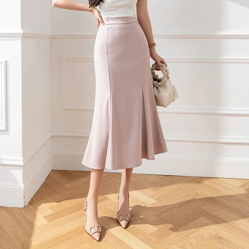 2024 New Spring Summer Women Mid-length Skirts Korean Elegant High Waist Female Skirt Ladies Pink Fashion Mermaid Skirt