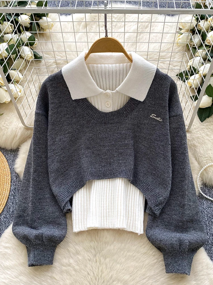 

Autumn/Winter Korean Chic Stacked Two Piece Sweater Set Women's Sleeveless Polo Collar Base Knitted Tank Top Short Sweater L68