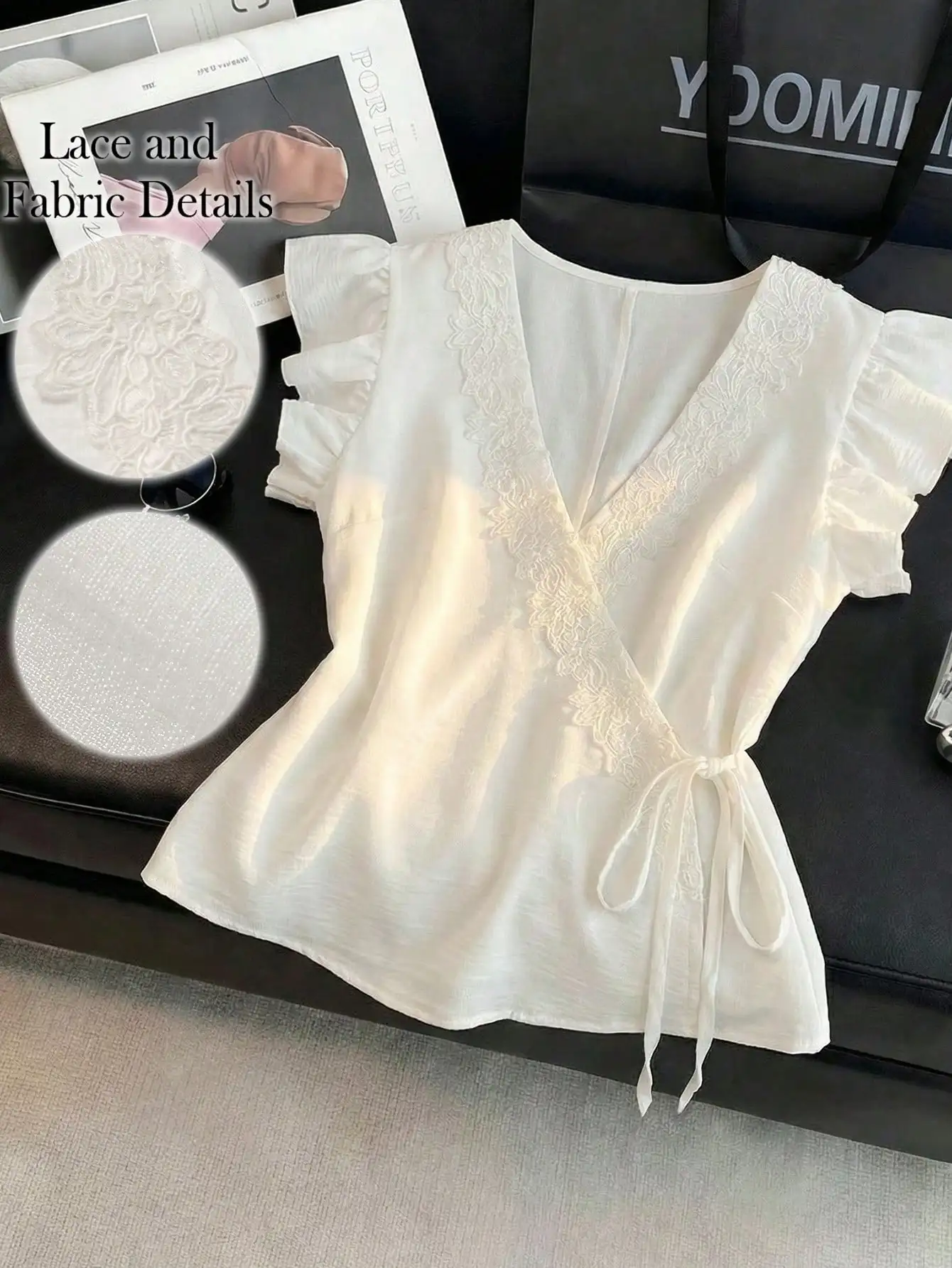 

Women's White Sleeveless Blouse With Lace Trim And Drawstring Waist