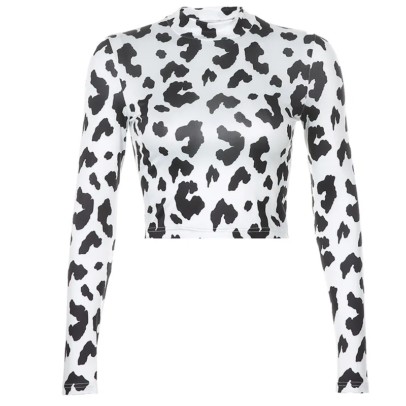 Y2k Cow Print Women High Neck Streetwear Long Sleeve T-Shirt Slim Crop Tops Gothic Sexy Cartoon Short Outfits Holiday Costume