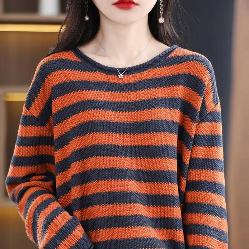 Neue Frühlings-und Herbst mode fauler Stil Retro-Streifen Kontrast Rundhals ausschnitt lose vielseitige schlanke Langarm Damen pullover