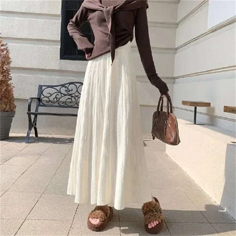 

Korean Ladies High Waist Sweater Maxi Skirts Autumn Female High End A-line Skirts Spring Women Solid Color Knitted Long Skirts