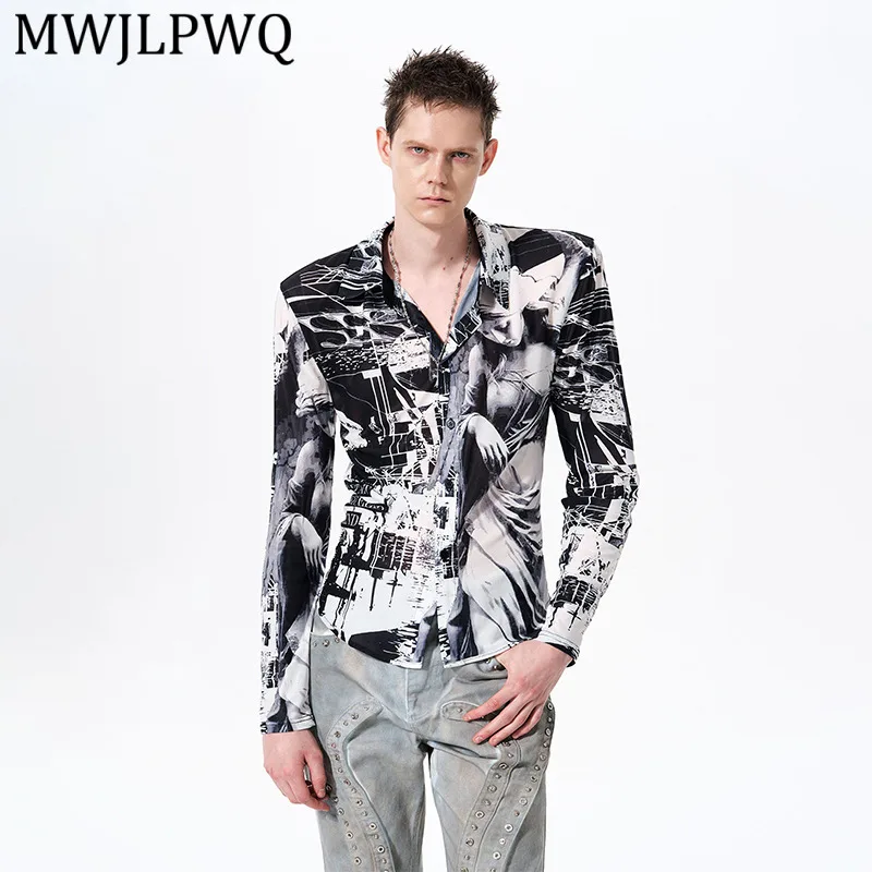 

MWJLPWQ Printed Long Sleeve Mesh Shirt For Men Street Style Retro Lapel Single Breasted Slim Fit Casual Tops Spring Autumn 15364