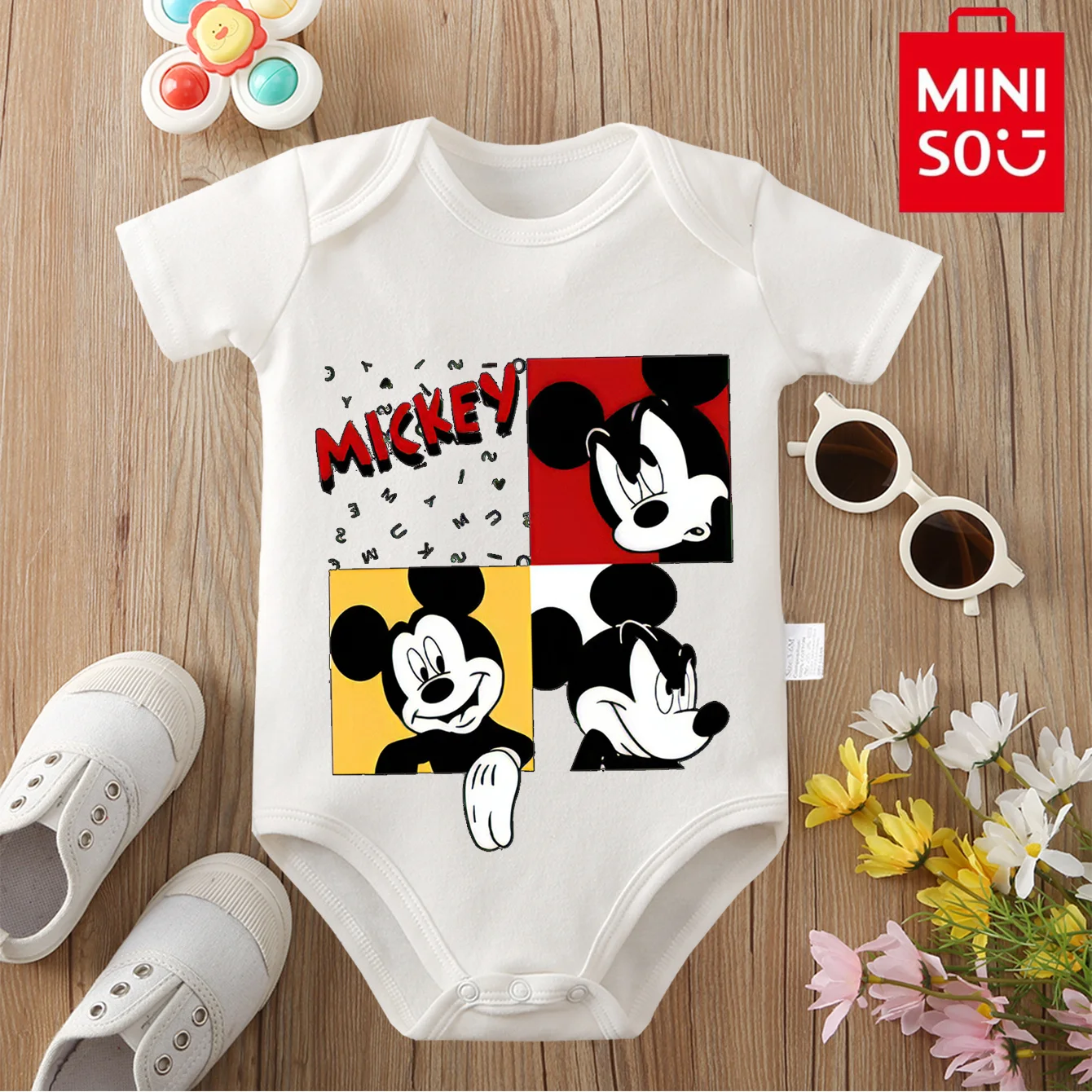 

MINISO & Disney Jointly подпись, 100% хлопок, детская одежда, комбинезон, боди с Микки Маусом, милый мультяшный принт для новорожденных от 0 до 12 месяцев