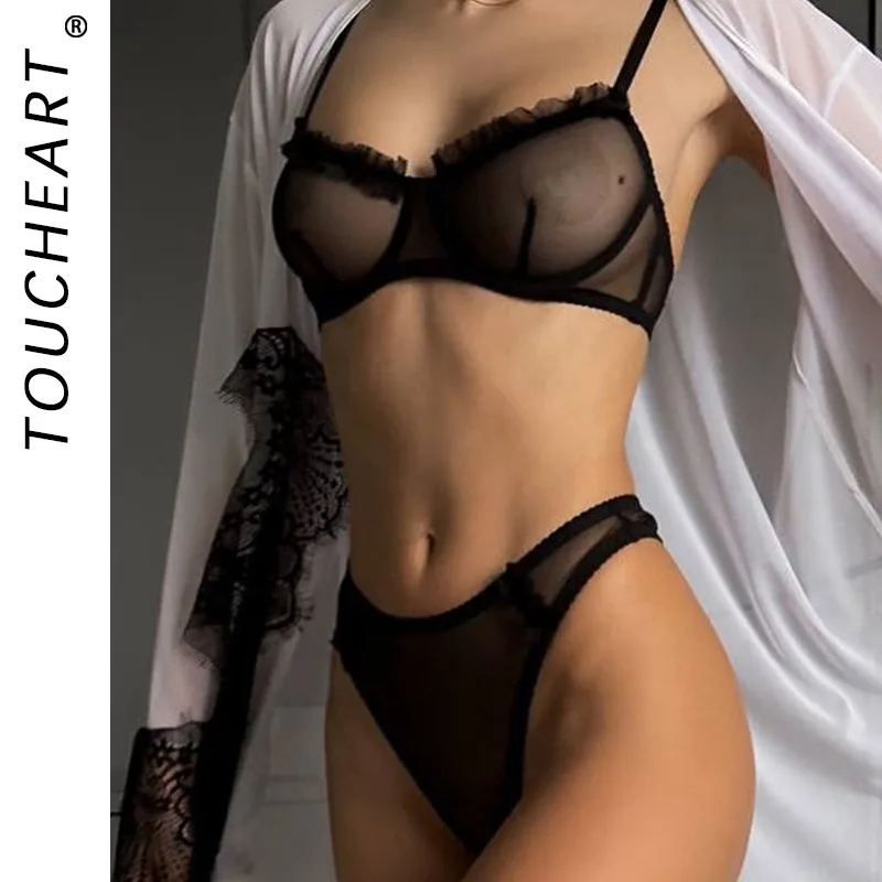 

Toucheart Mesh Sexy Ruched Lingerie Panty 2PCS Slim Embroidery Lace Floral See-through Romantic Interesting Hollow Underwear Set