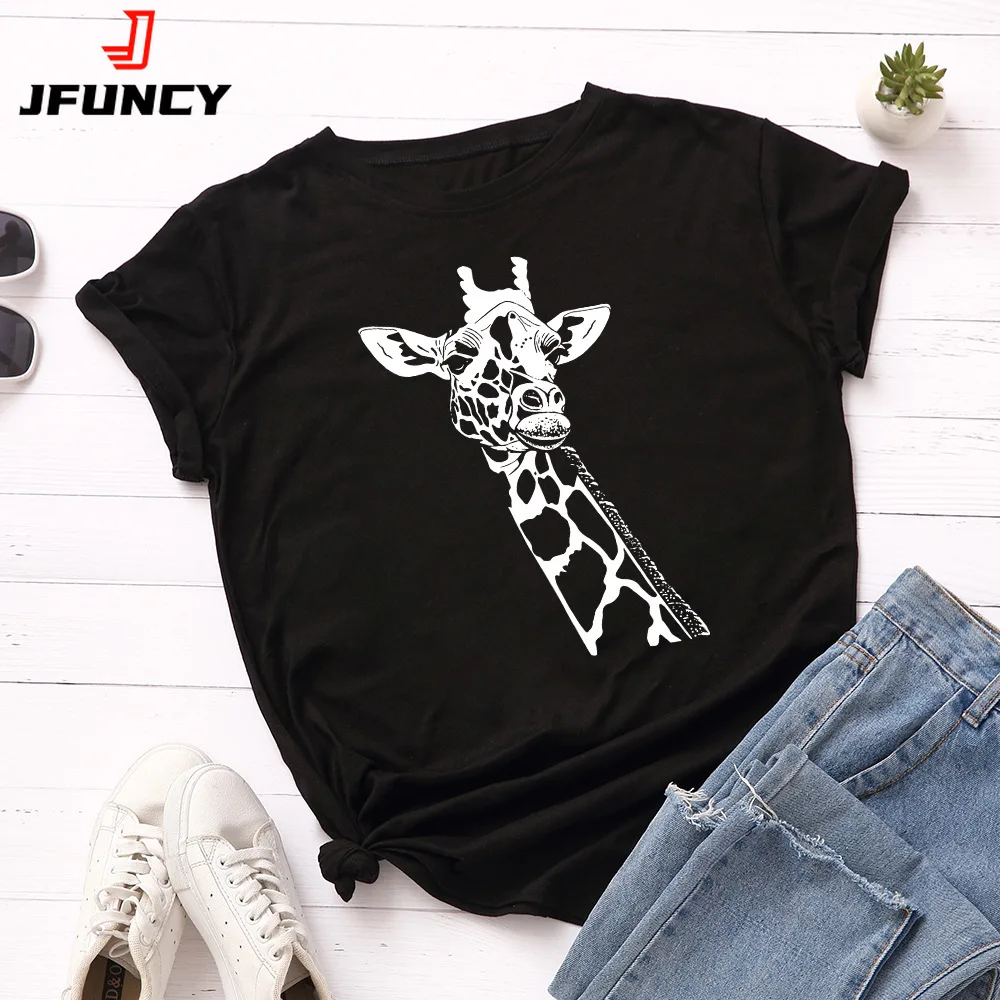 JFUNCY Women T Shirt New Giraffe Print T-shirts Female Short Sleeve Cotton Tees Women's Tops Summer Woman Tshirt