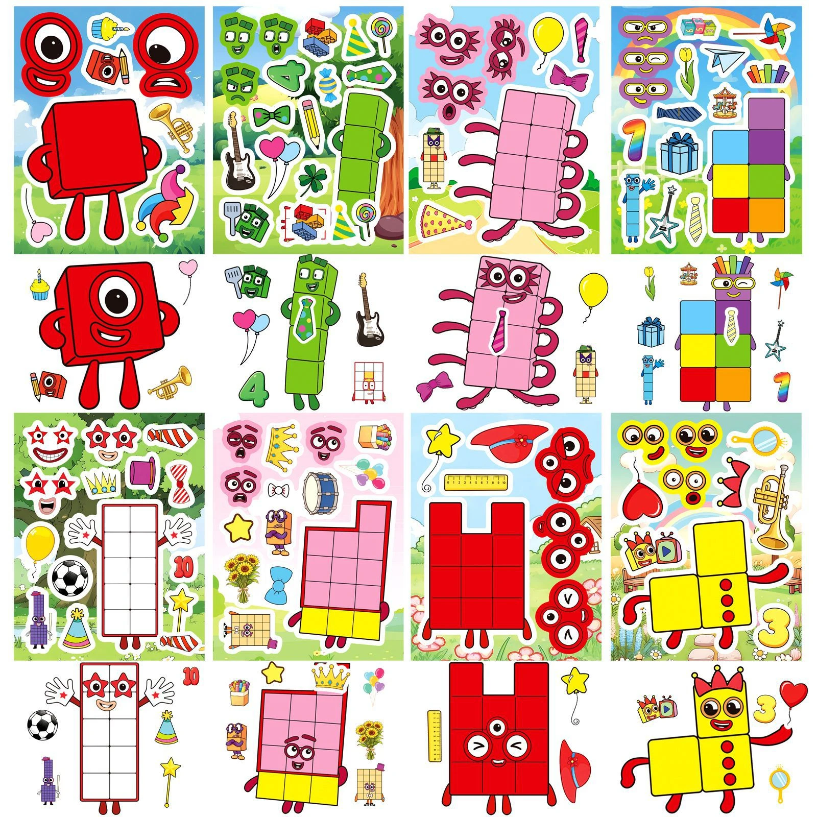 8PCS digital building blocks face changing stickers for children, anime, cartoon, parent-child interactive puzzle, DIY stickers