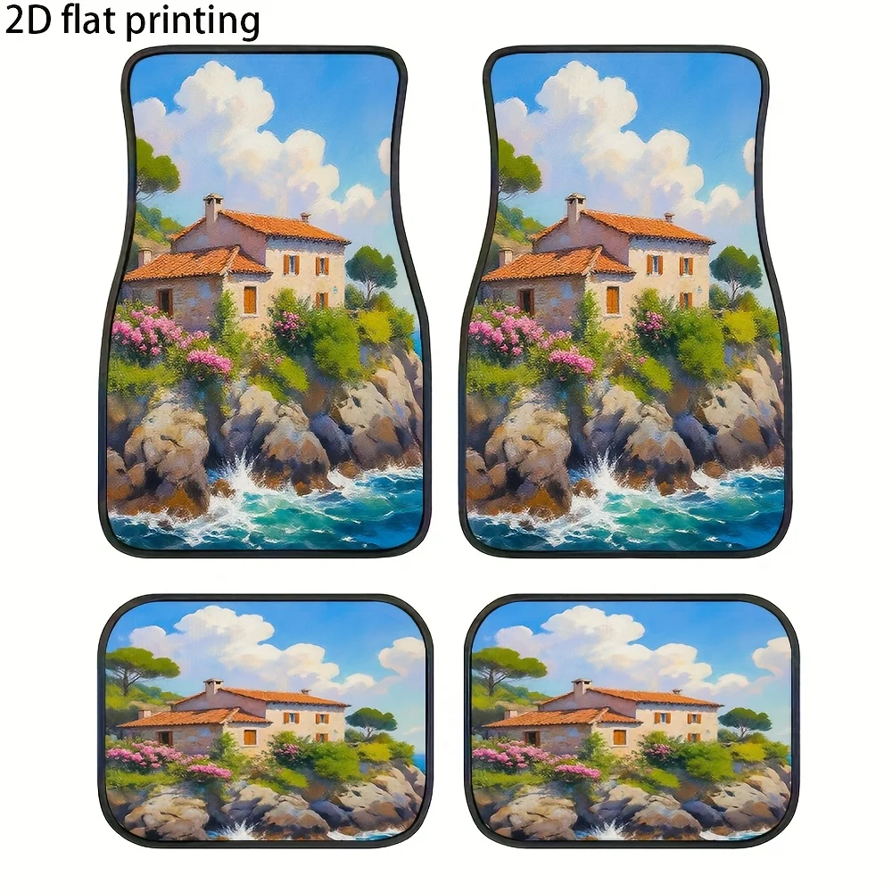 4pcs Car Floor Mats, Featuring A Pattern Of Waves Crashing Against A Rocky Cabin, Made Of Polyester Fiber, Universal Car Mats, E