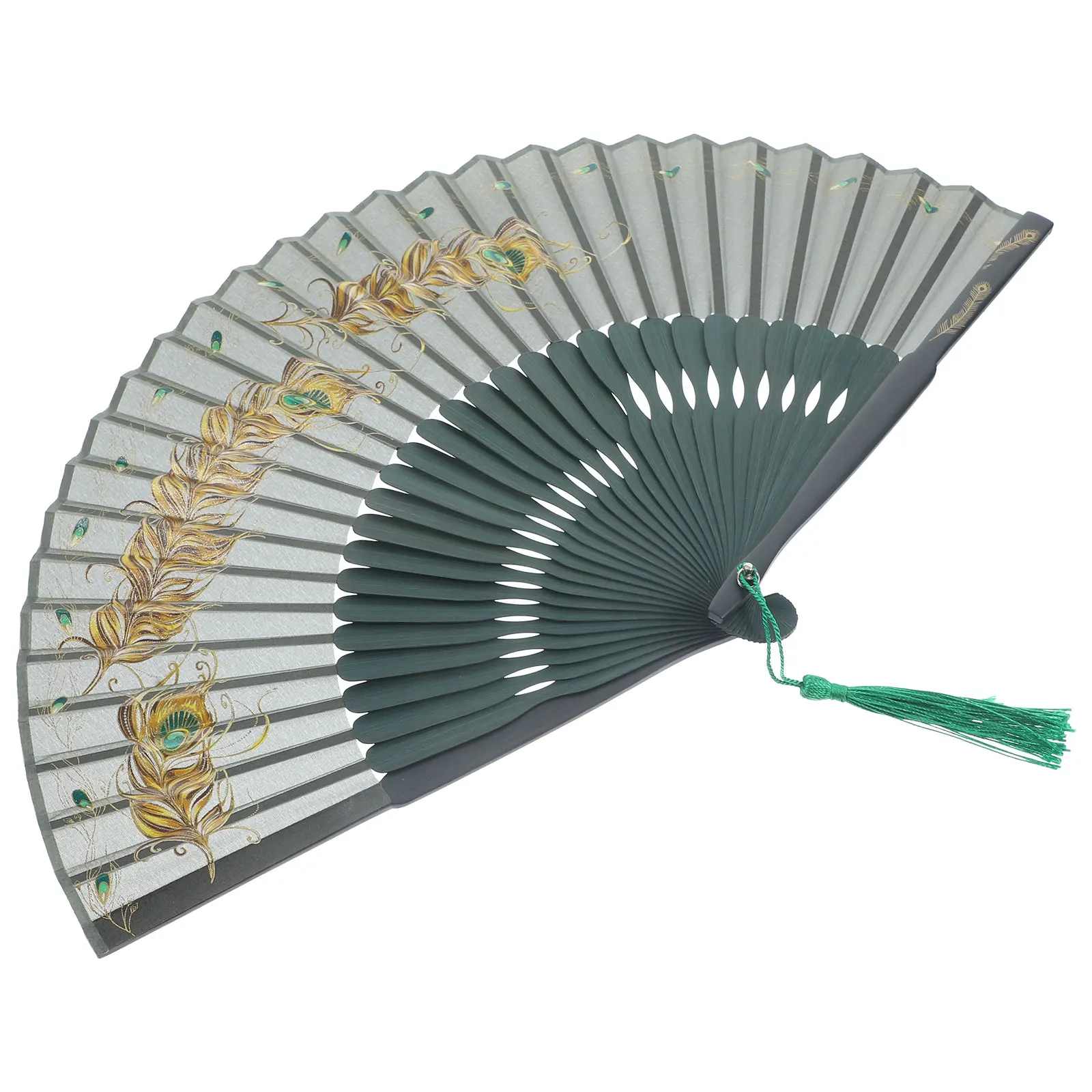 

Portable Peacock Plume Pattern H Fan Foldable Fans for Dancing Performance Photography Props Summer Travel Bamboo H held Fans