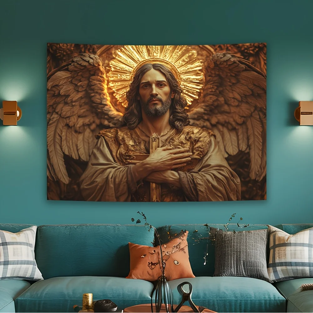 Golden Angel with Cross Tapestry - Perfect for Adding Spiritual and Majestic Style to Any Room Decor, Ideal for Home Use