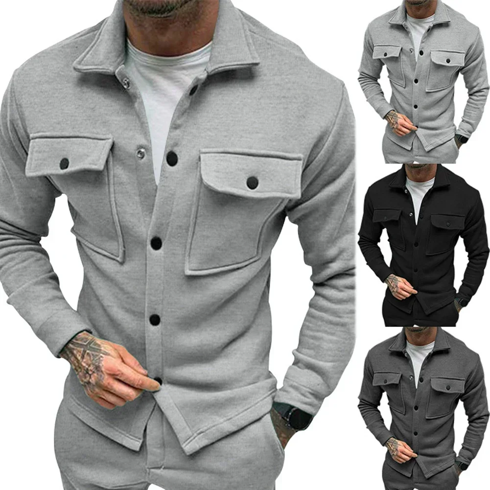 Men Winter Thick Warm Plush Casual Long Sleeve Coat Button Fleece Jacket Solid Color Casual Top Fashion Men\'s Jacket Outwear