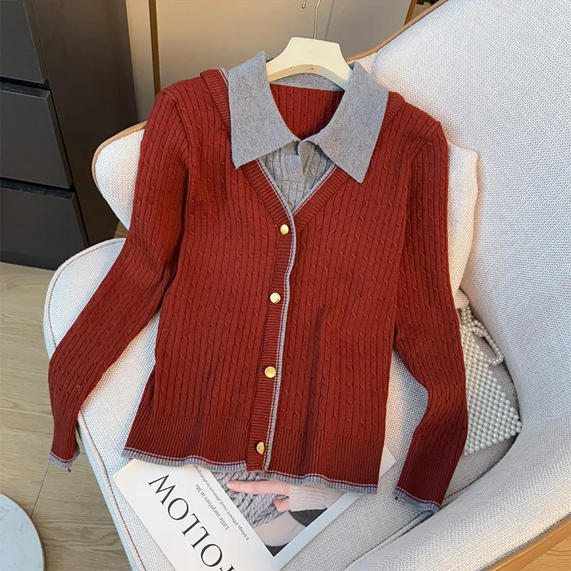 

Fake Two Pieces Contrast Color Pullover Sweater Women Stylish Button Design Lapel Collar Knitwear Elegant Retro Slim Female Tops