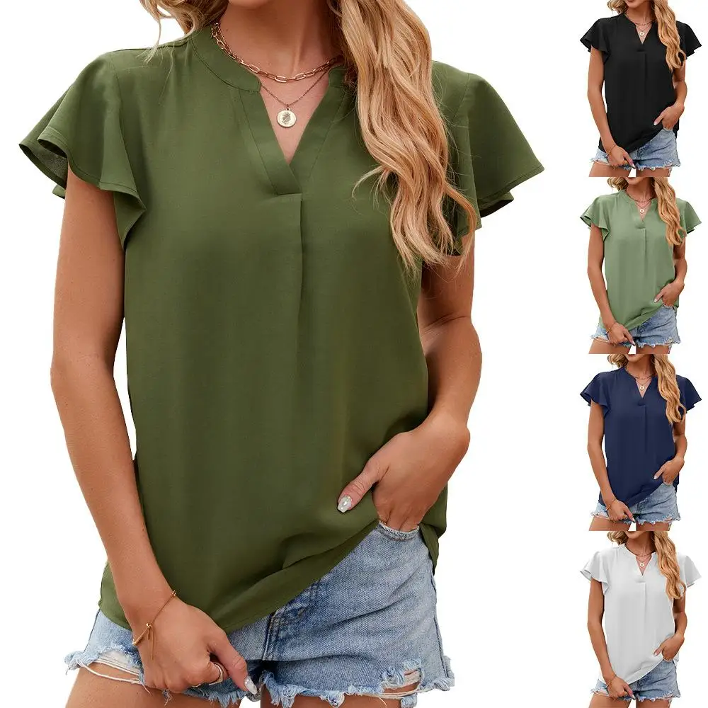 

Spring Summer 2024 Loose V-Ne ort Sve Pure Color Women's Chiffon Top Faionable Casual Sle Polyester Fabric T-irt