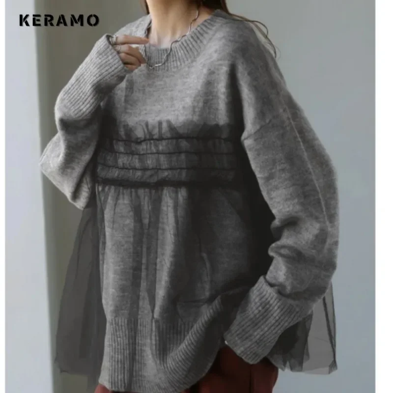 

Women's Vintage Knitted Long Sleeve Casual Pullovers 2024 Winter Fashion Round Neck Loose Female Chiffon Patchwork Sweater