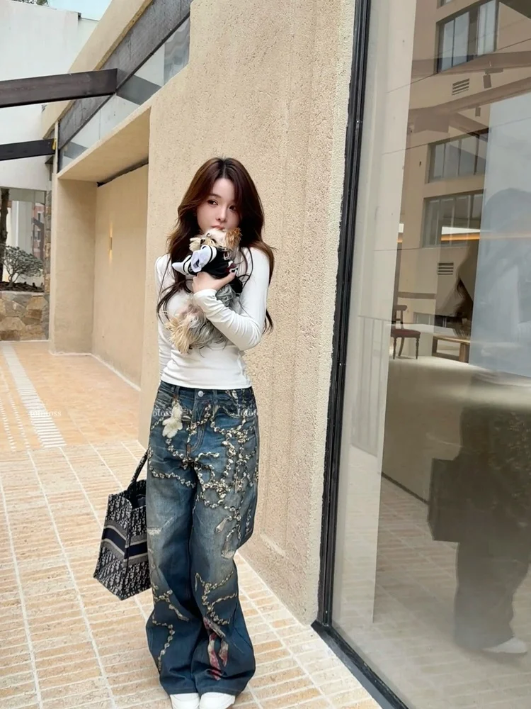 

Seoul 3D Stereo Crystal Bow Chain Denim Jeans Women's Beautiful Sexy Straight Leg Wide Leg Pants Casual Style Natur...