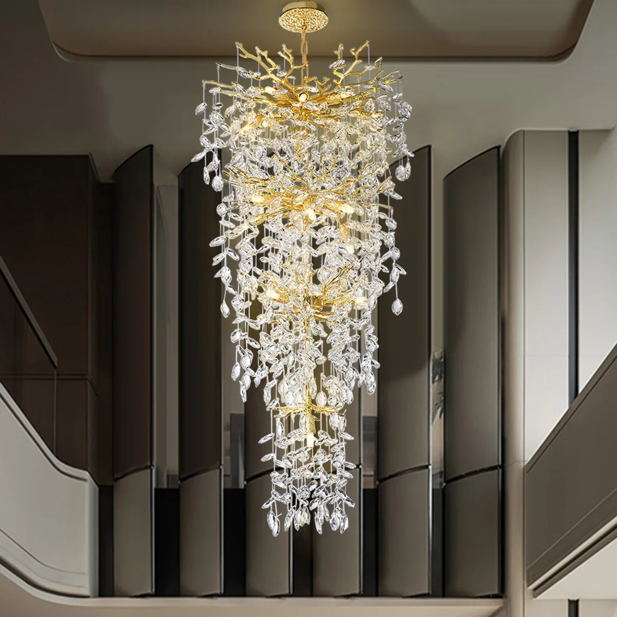 

Золотая высокая длинная ветка дерева, хрустальная люстра для потолков, лестницы, гостиной, светодиодная черная, серебряная лестница, Vila Lobby, домашний декор