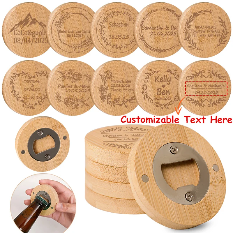 12PCS Customizable Bamboo Bottle Opener with Name and Date for Wedding Gifts for Refrigerator Handmade Magnetic Bottle Opener