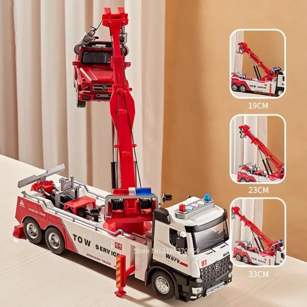 1:18 Double Hook Truck Alloy Rescue Car Toys Model Diecast Metal Vehice Door Opened Sound Light Lift Shrink Wrecker Toy Boy Gift