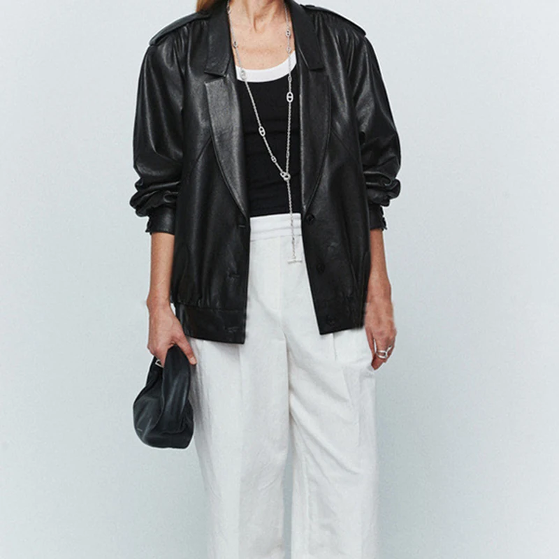 Leder Jacke Frauen Herbst Pflanzlich Gegerbtem Schaffell Mode Retro Plissee Textur Lose Profil Revers Casaco Inverno Feminino