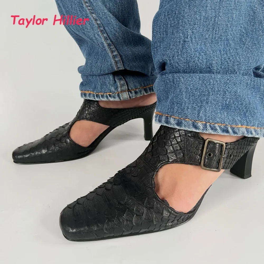 T Shape Cutout Buckle Strap Slip On Slide Mules Women Snake Embossed Block Heels Vacation Trendy Outdoor Walking Casual Heels
