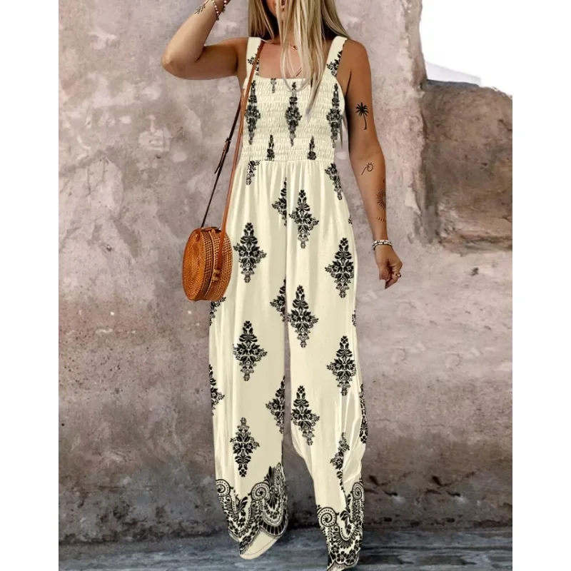 Plus Size 1XL-5XL New Women Print Sling Sleeveless Jumpsuits Ladies Casual Wide Leg High Waist Casual Loose Rompers