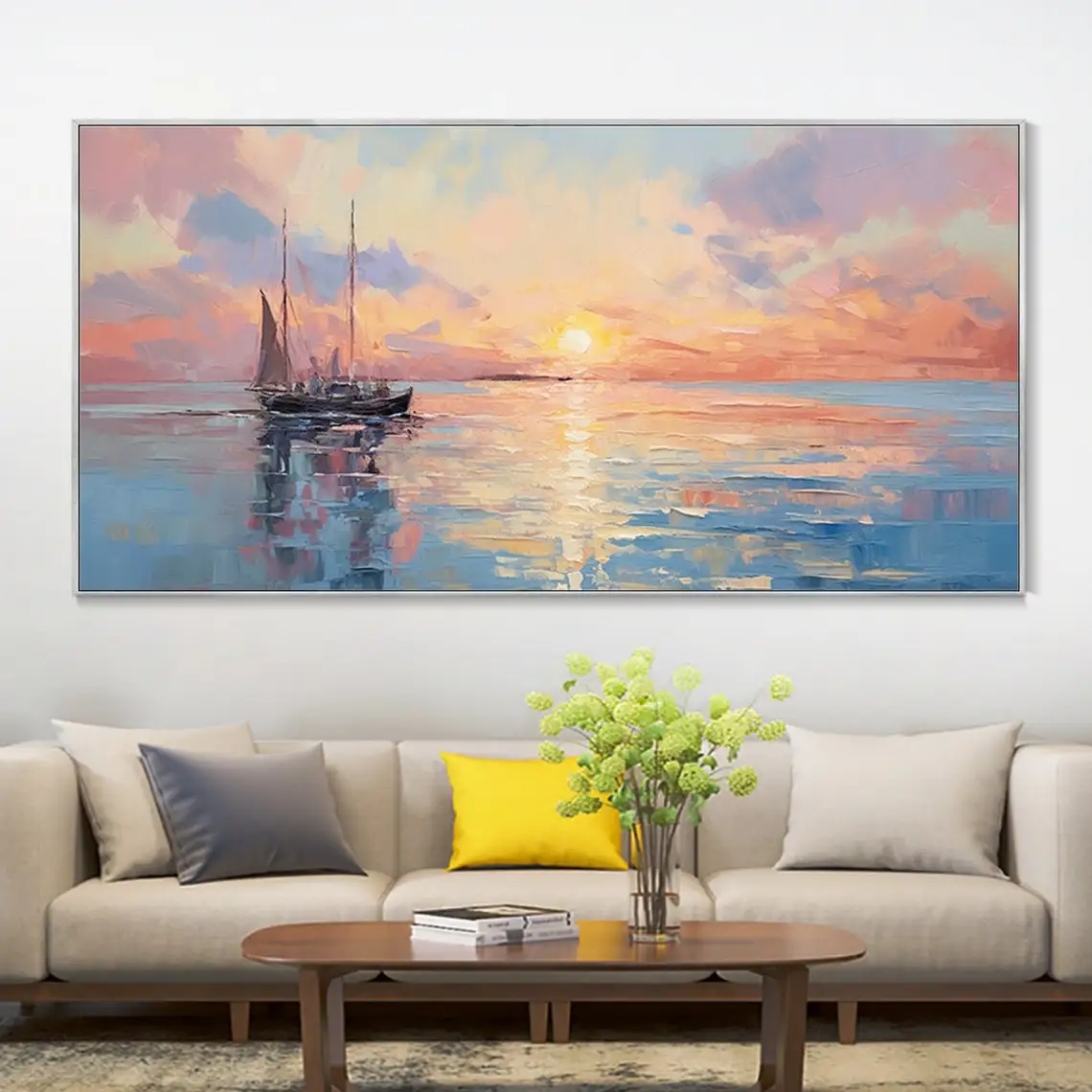 Vintage Hand Painted Oil Painting Ocean Canvas Art Sunrise Sunset Texture Home Wall Decor Blue Sea Landscape Bedside Wall Art